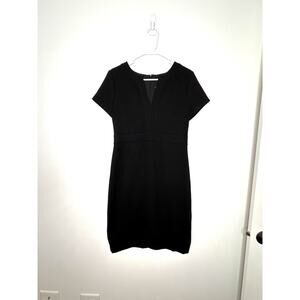 Ann Taylor Black Sheath Dress Sz 6 Front Slit V Neck Stitch Detail-Neck/waist